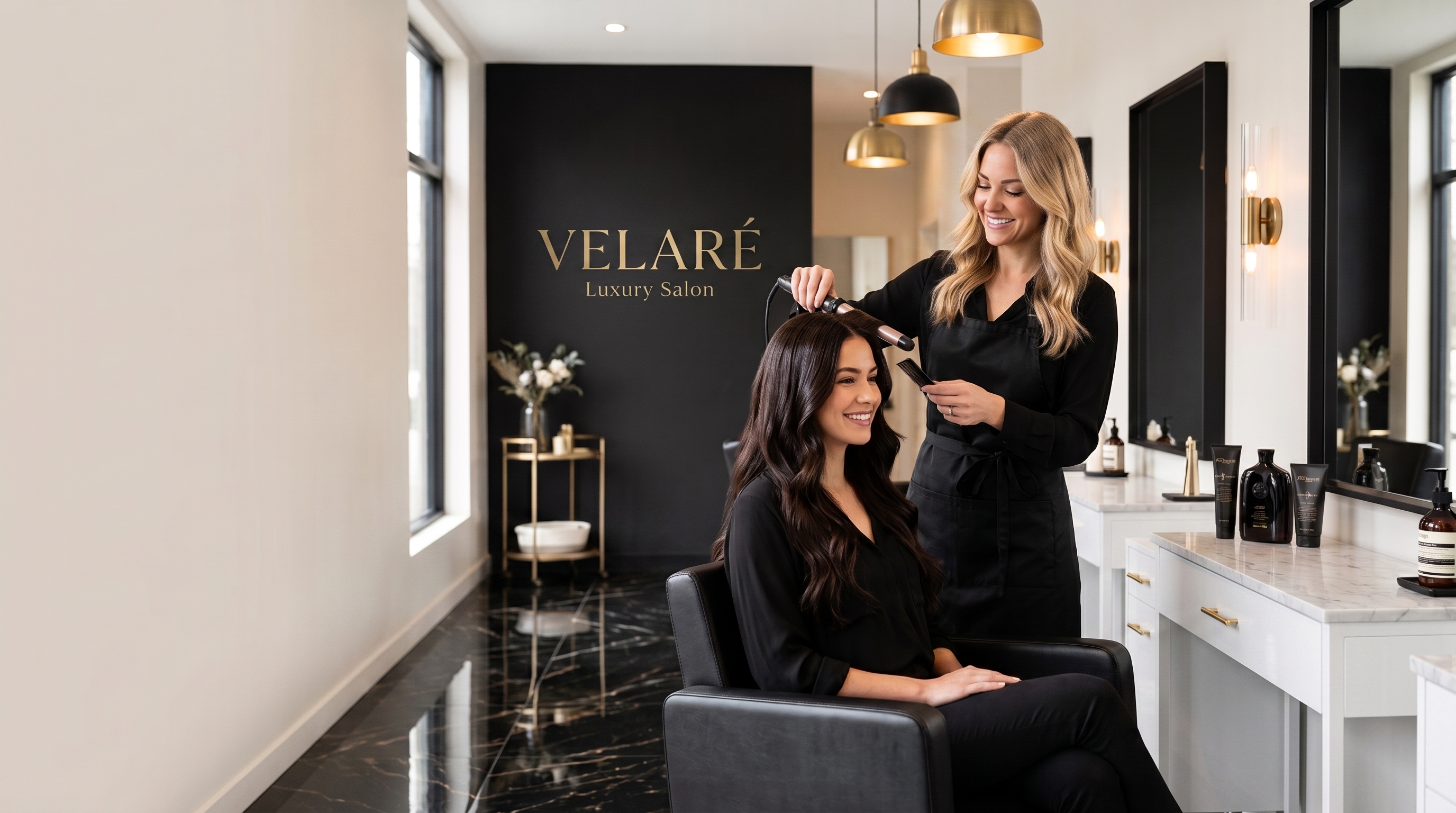 Stylist finishing a glossy blowout in the Velaré studio